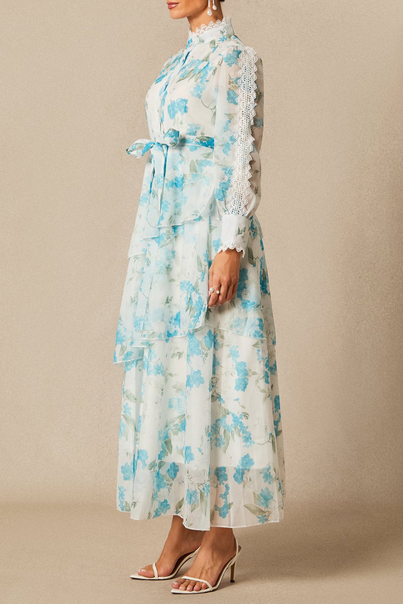 NINA BLUE LACE CHIFFON RUFFLE STAND COLLAR DRESS