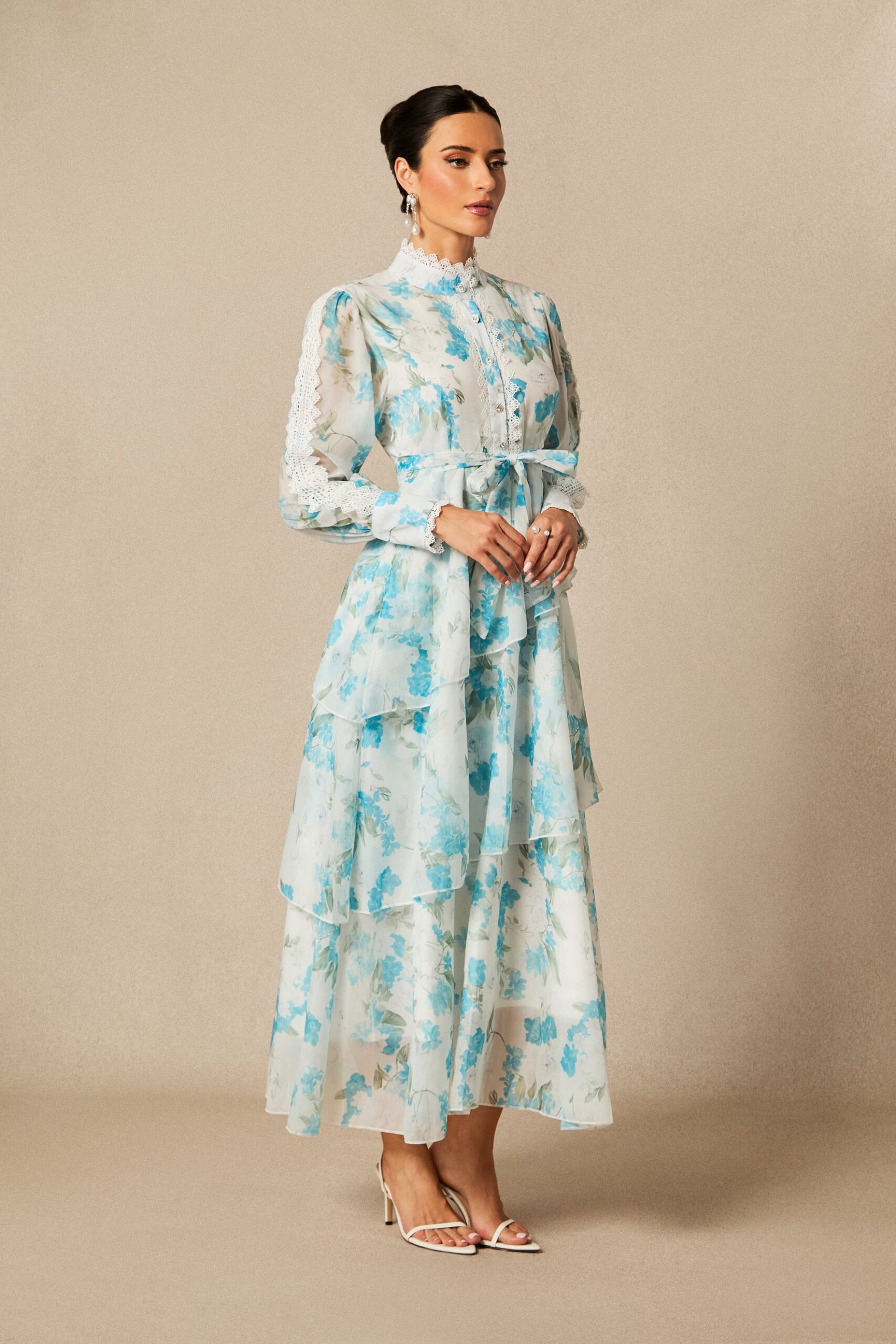 NINA BLUE LACE CHIFFON RUFFLE STAND COLLAR DRESS