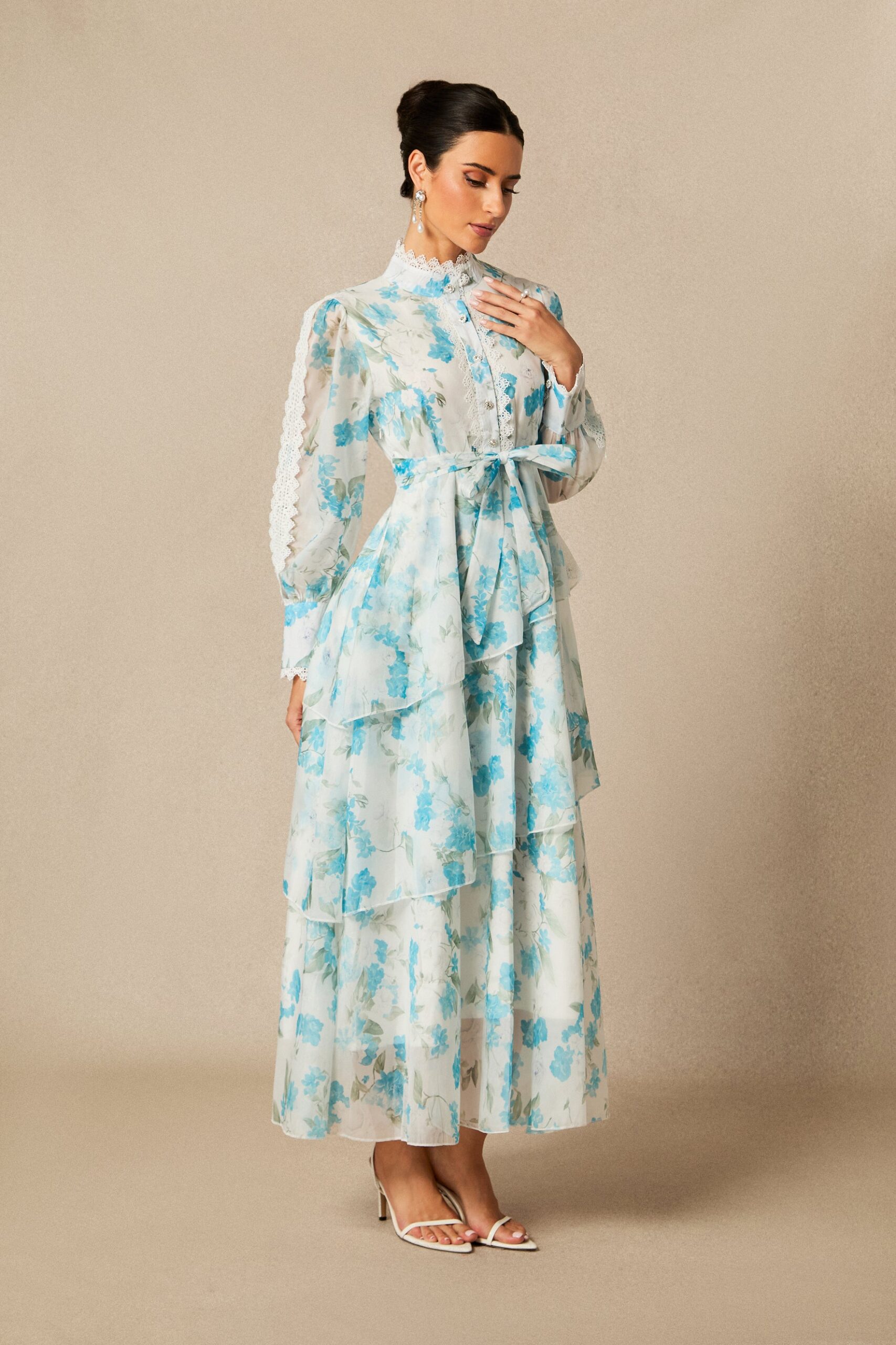 NINA BLUE LACE CHIFFON RUFFLE STAND COLLAR DRESS