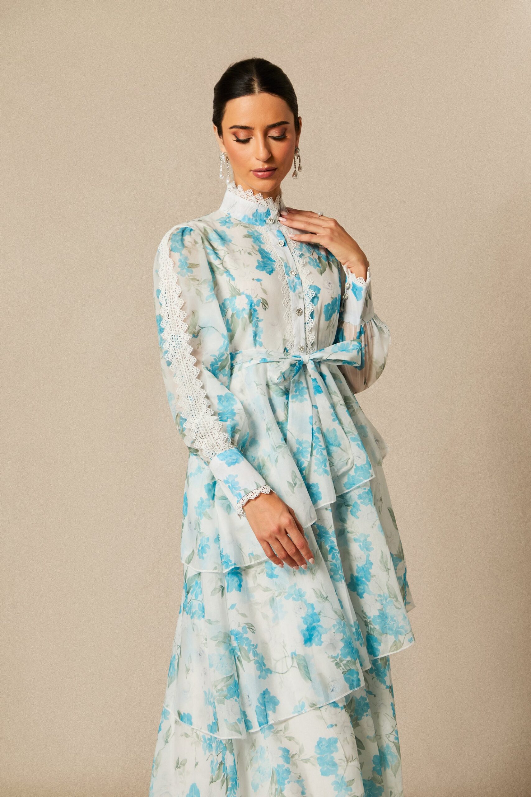NINA BLUE LACE CHIFFON RUFFLE STAND COLLAR DRESS