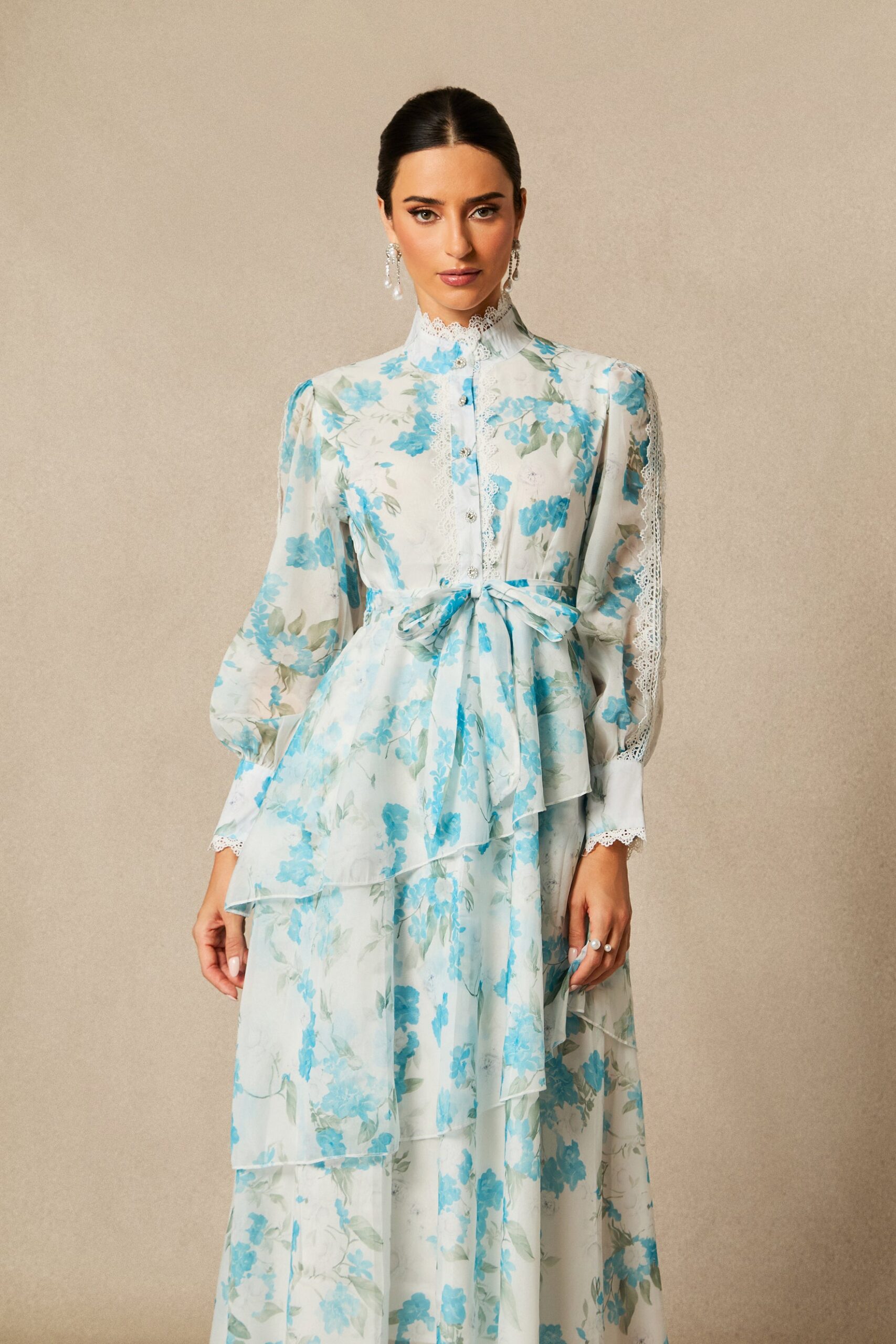 NINA BLUE LACE CHIFFON RUFFLE STAND COLLAR DRESS