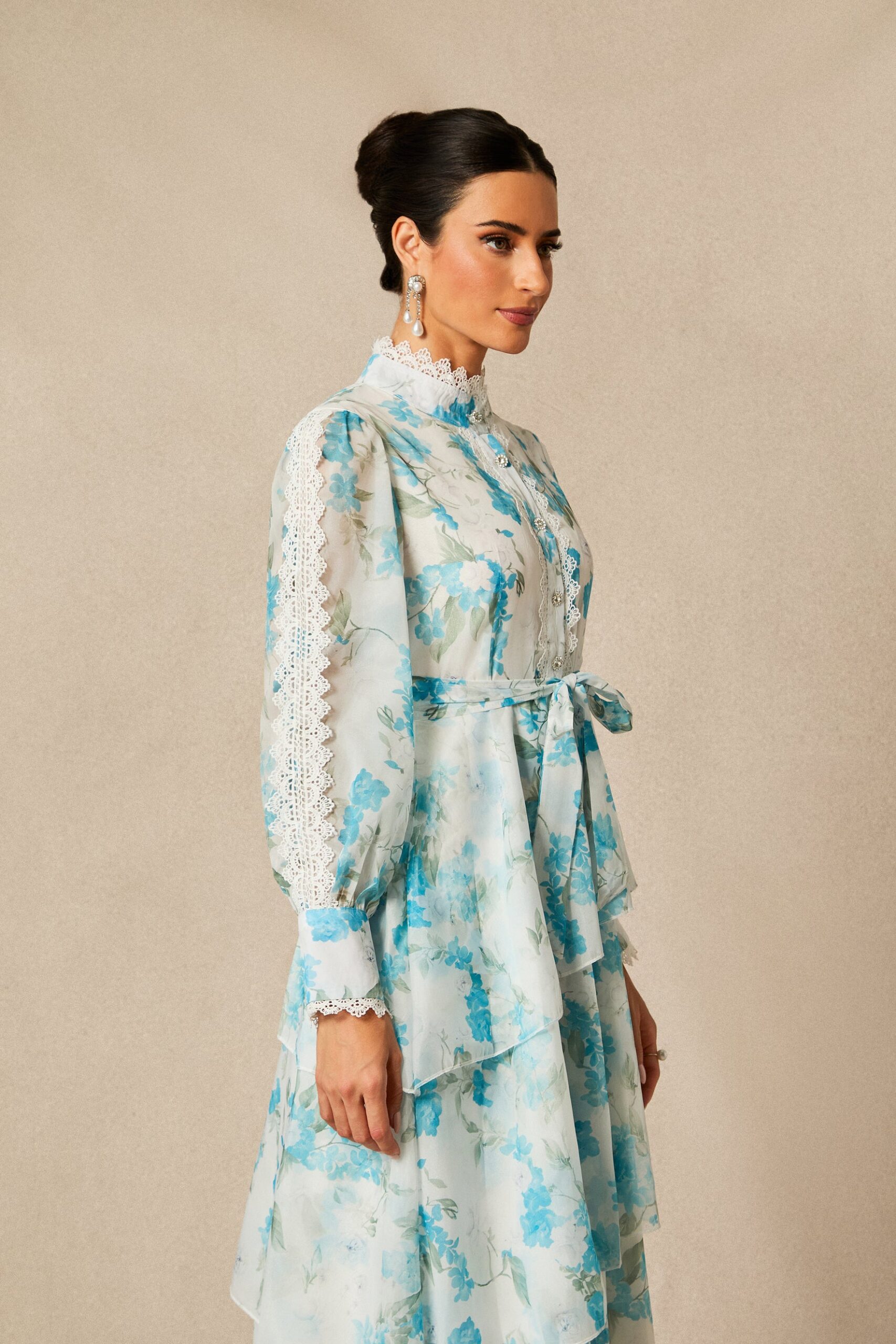 NINA BLUE LACE CHIFFON RUFFLE STAND COLLAR DRESS