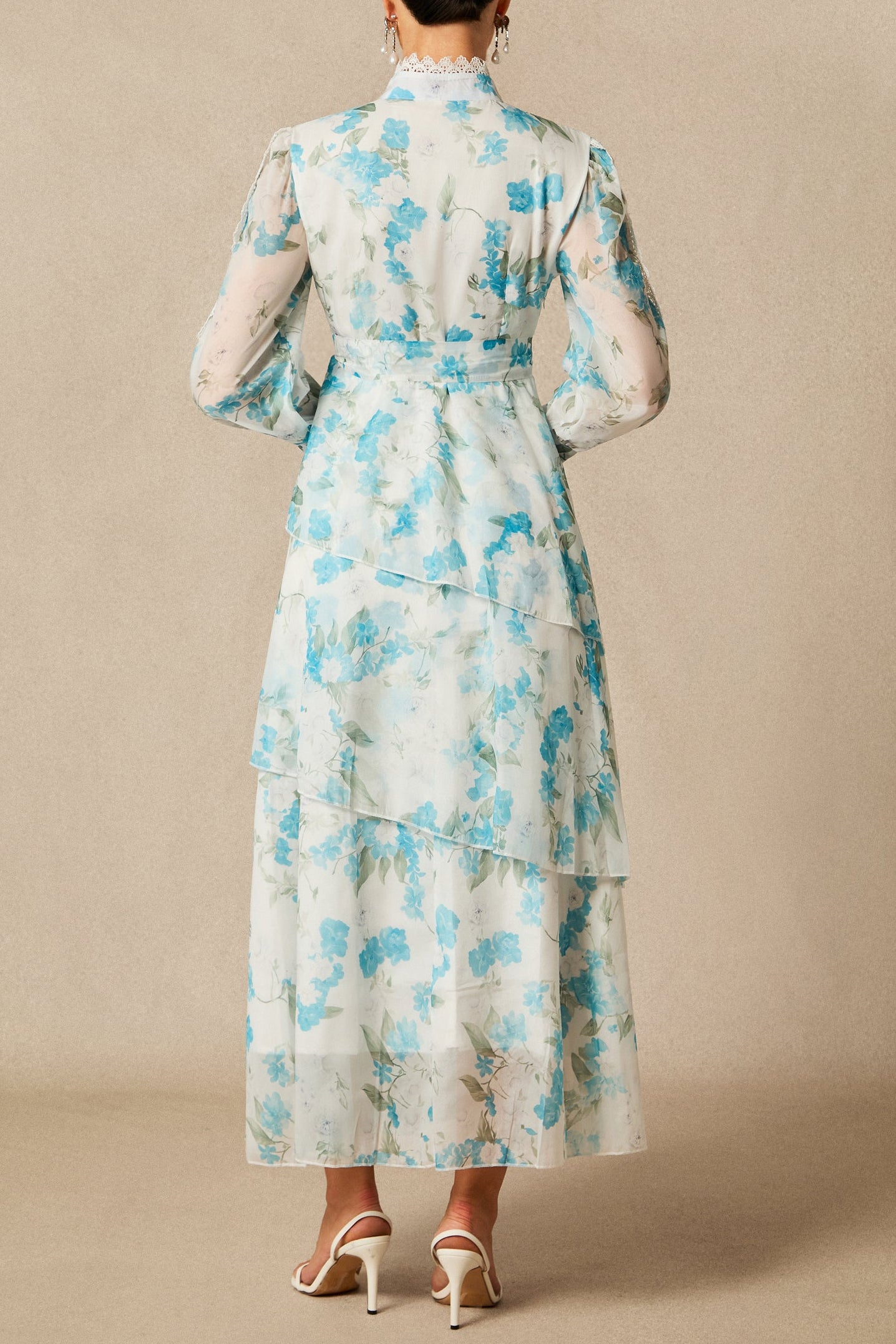 NINA BLUE LACE CHIFFON RUFFLE STAND COLLAR DRESS