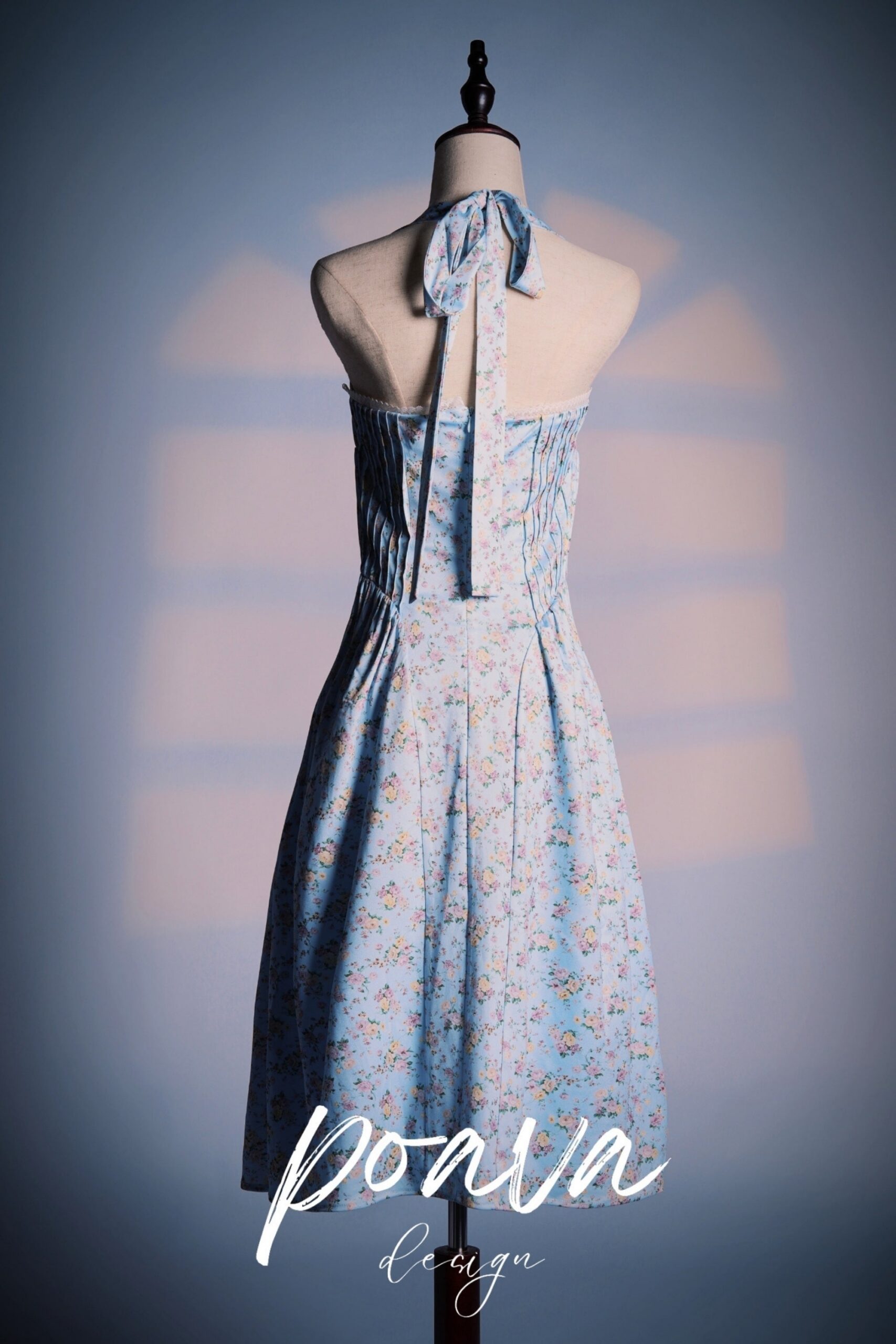 SOFT BLUE VINTAGE FLORAL COTTON HALTER SUNDRESS