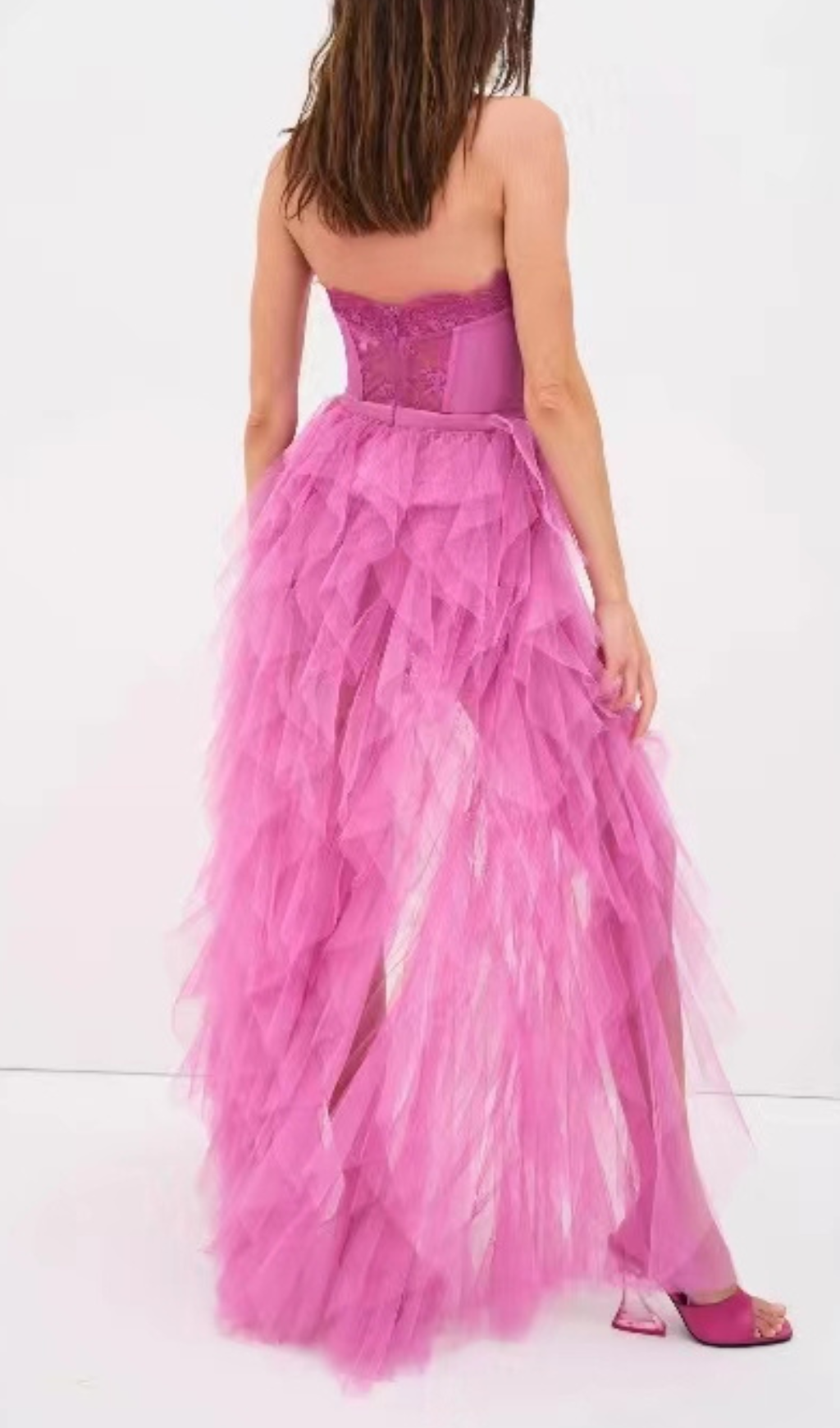 PINK STRAPLESS LACE PATCHWORK MAXI DRESS