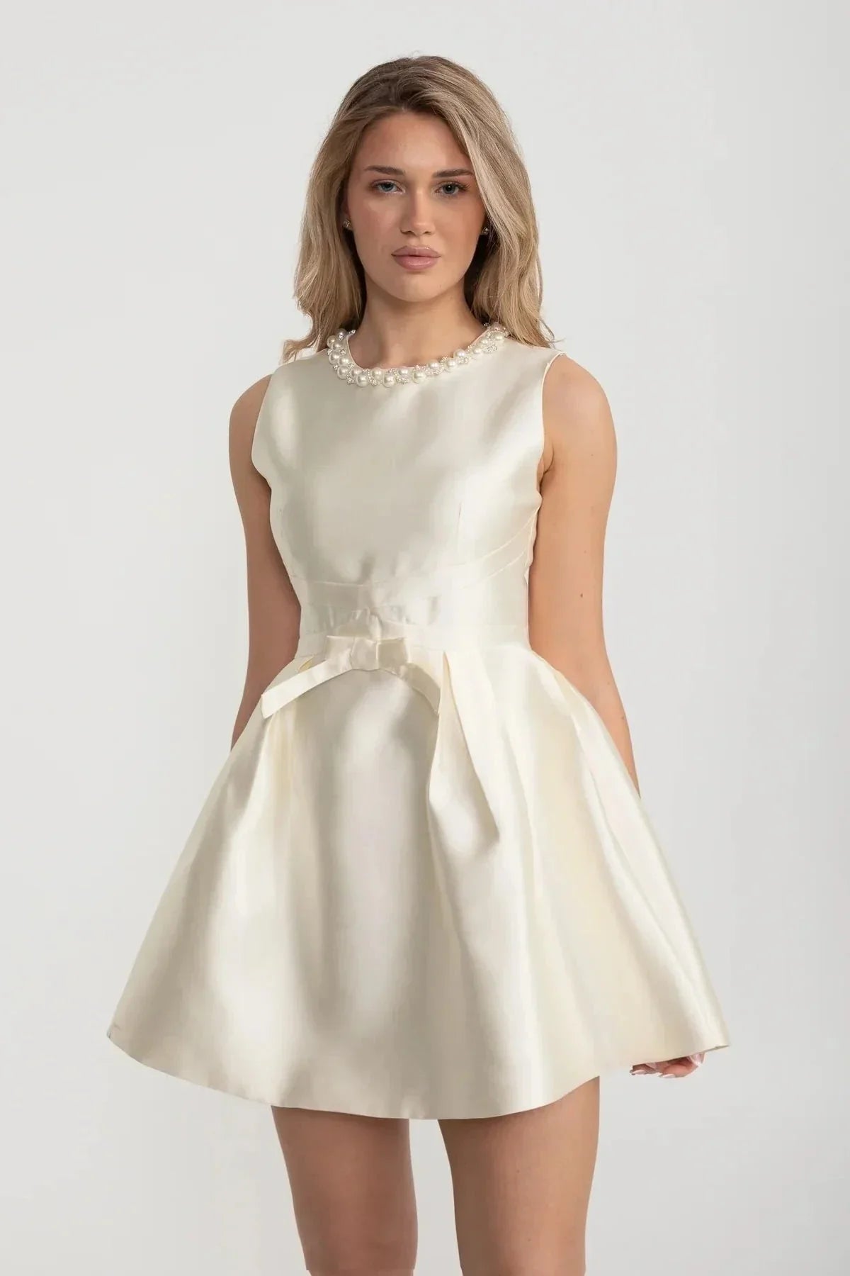 ELEGANT PEARL BOW FIT DRESS FOR WEDDING GUEST