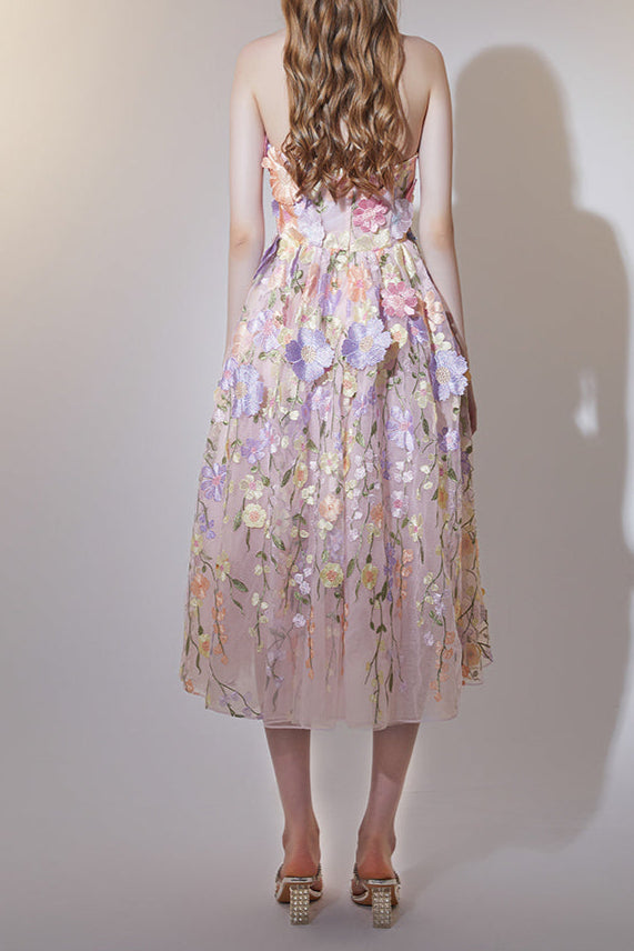 PASTEL PINK FLORAL EMBROIDERY MIDI DRESS FOR WEDDING GUEST