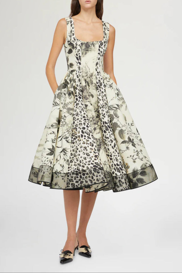 MAGGIE LEOPARD PRINT PLEATED MIDI DRESS