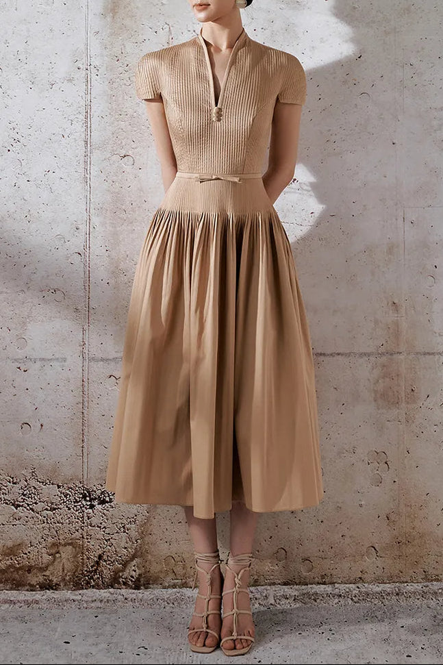 80dafa27-c13a-4831-938d-f7d0b461c438 EMILY V-NECK PLEATED MIDI DRESS KHAKI