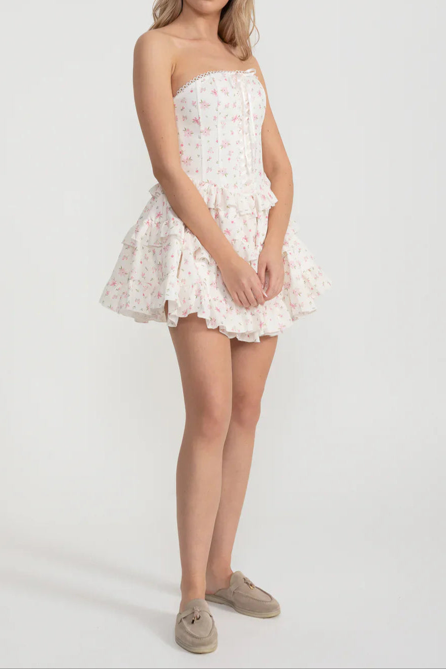 MARTHA RUFFLE STRAPLESS MINI DRESS IN PINK