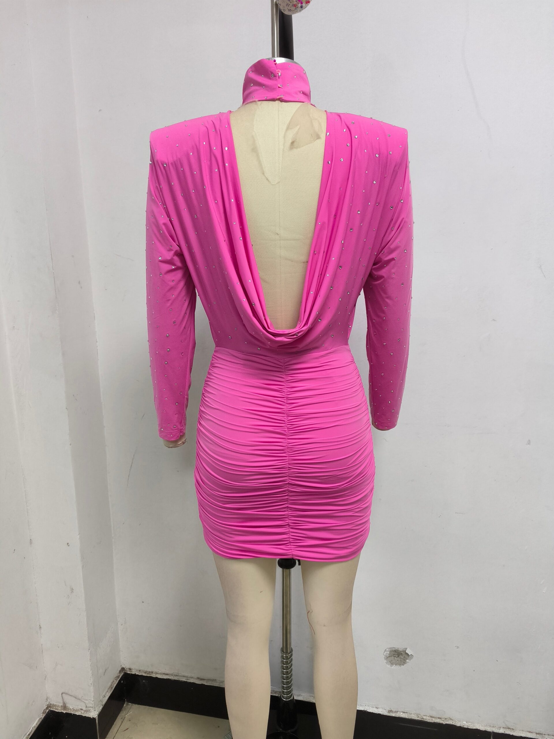 CRYSTAL RUCHED BODYCON MINI DRESS IN PINK