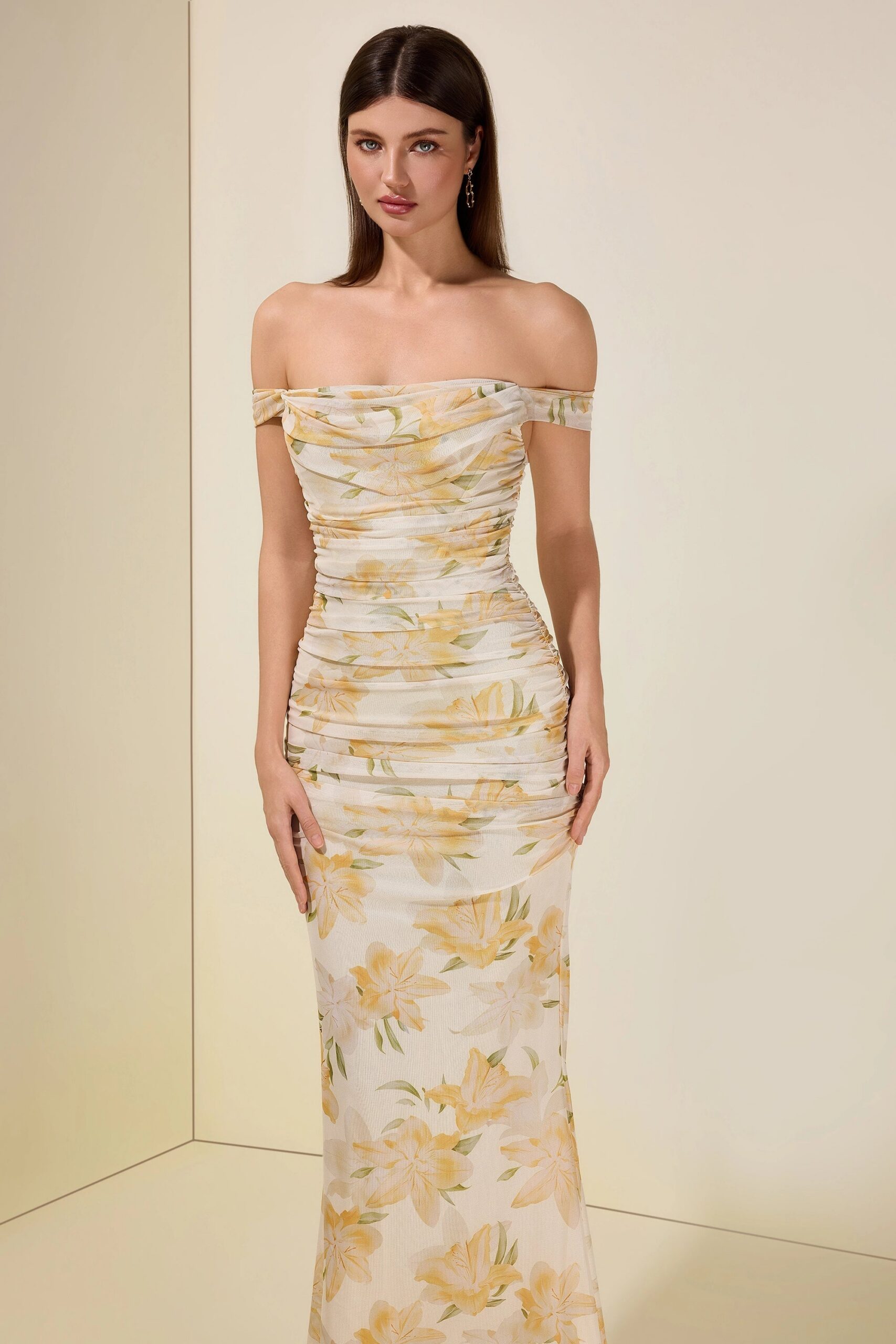 XAVIERA YELLOW MESH FLORAL MAXI DRESS