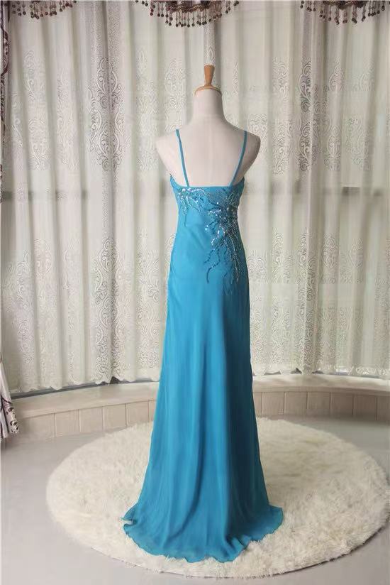 811e7ead7eef2276e73fcf5f0454efe5 BLUE SPAGHETTI STRAP BEADED CHIFFON LONG EVENING GOWN