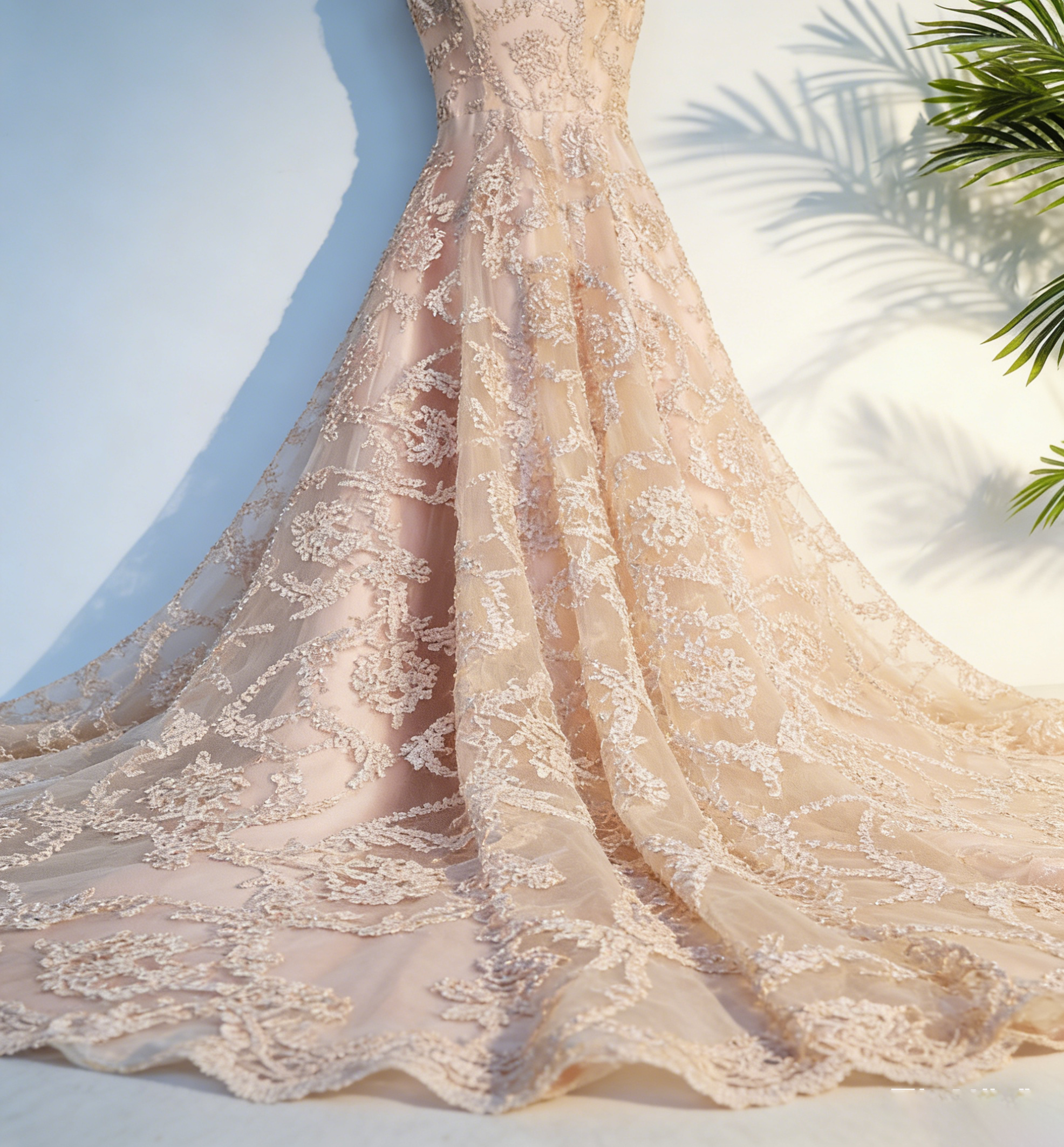 QUEENA CHAMPAGNE LACE EVENING GOWN MAXI DRESS