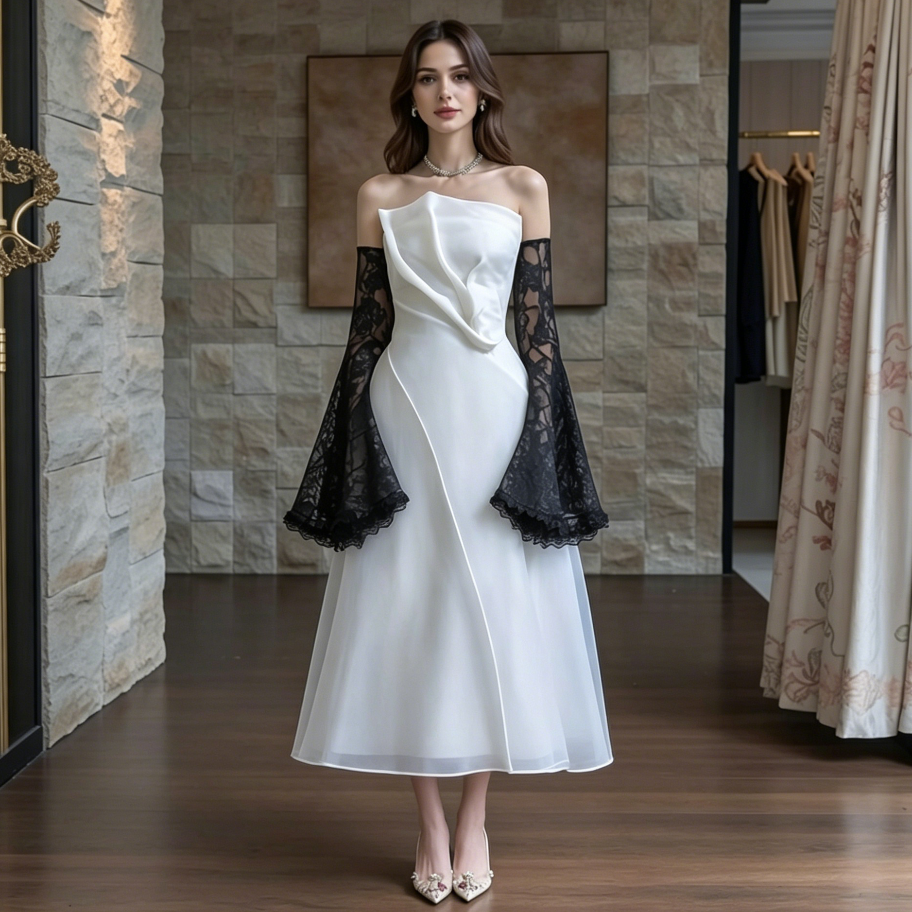 STRAPLESS ORGANZA MIDI DRESS WITH BLACK SLEEVES