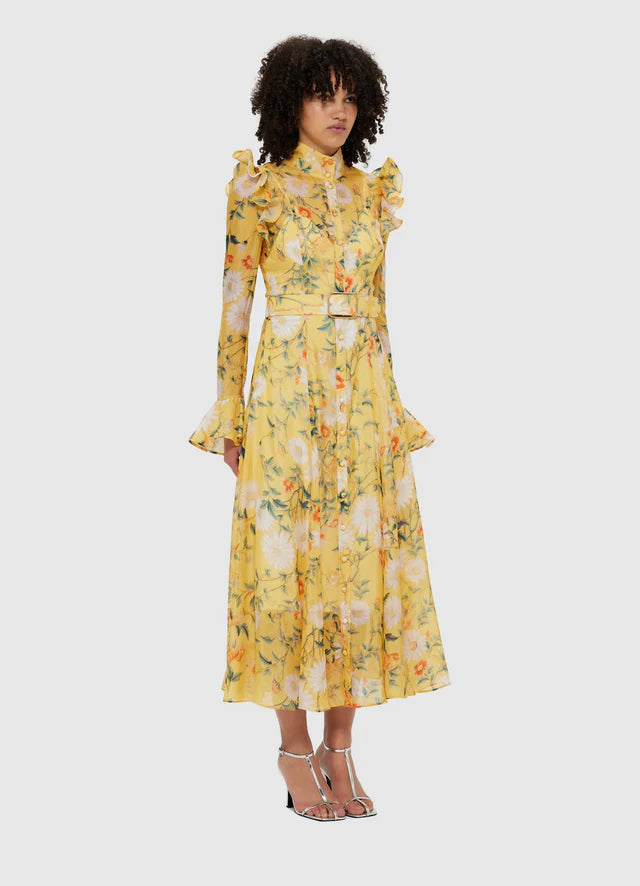 YELLOW DAISY PRINT BUTTERFLY SLEEVE MIDI DRESS