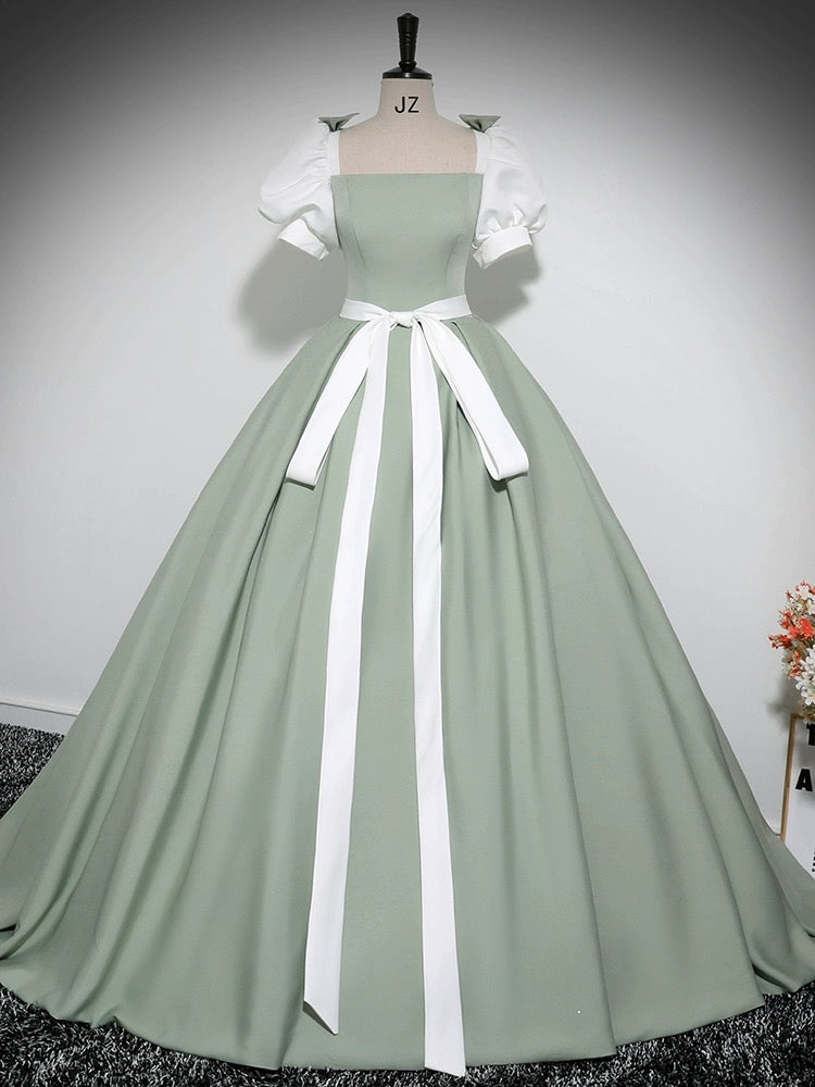 A-LINE PUFF SLEEVE SATIN GREEN PARTY DRESS