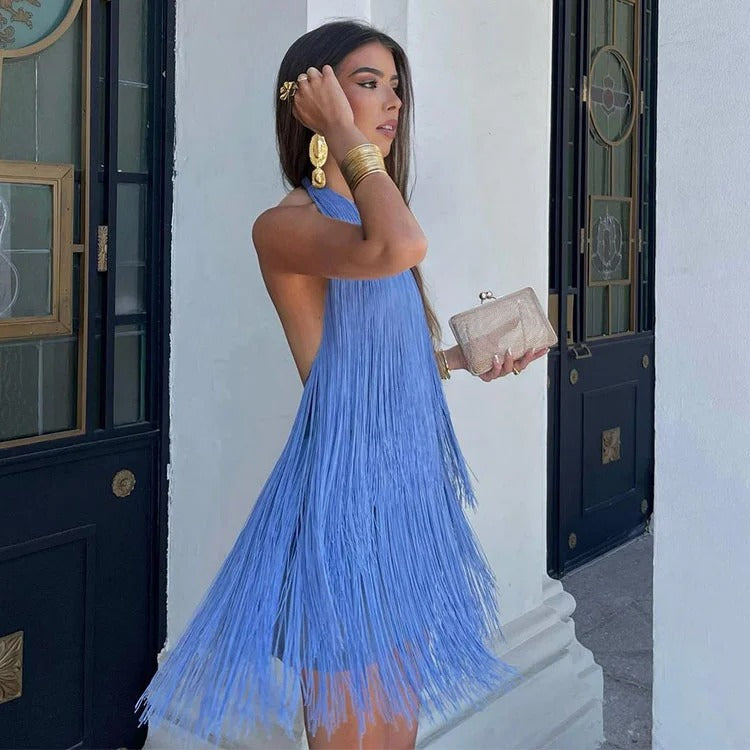 IVY FRINGE MINI DRESS BLUE, PARTY OCCASION