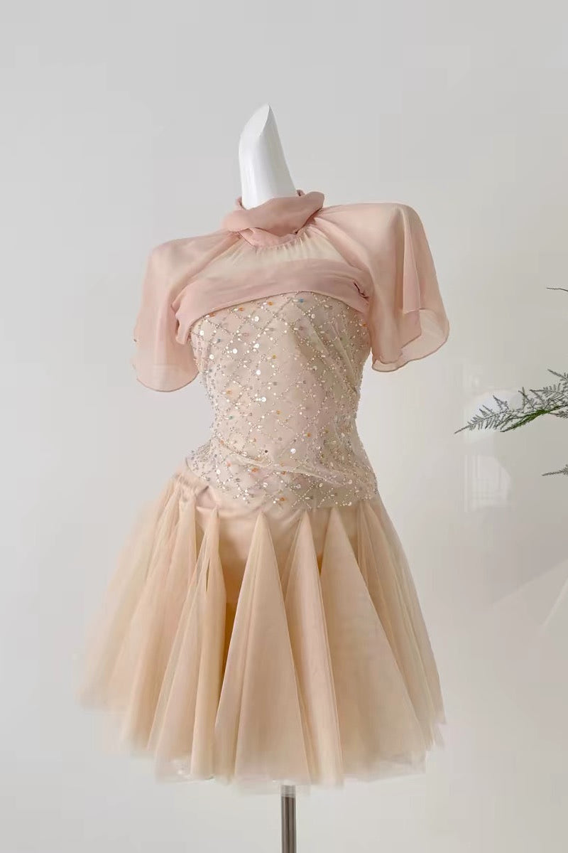 SHEER MESH RHINESTONE TULLE MINI PARTY DRESS