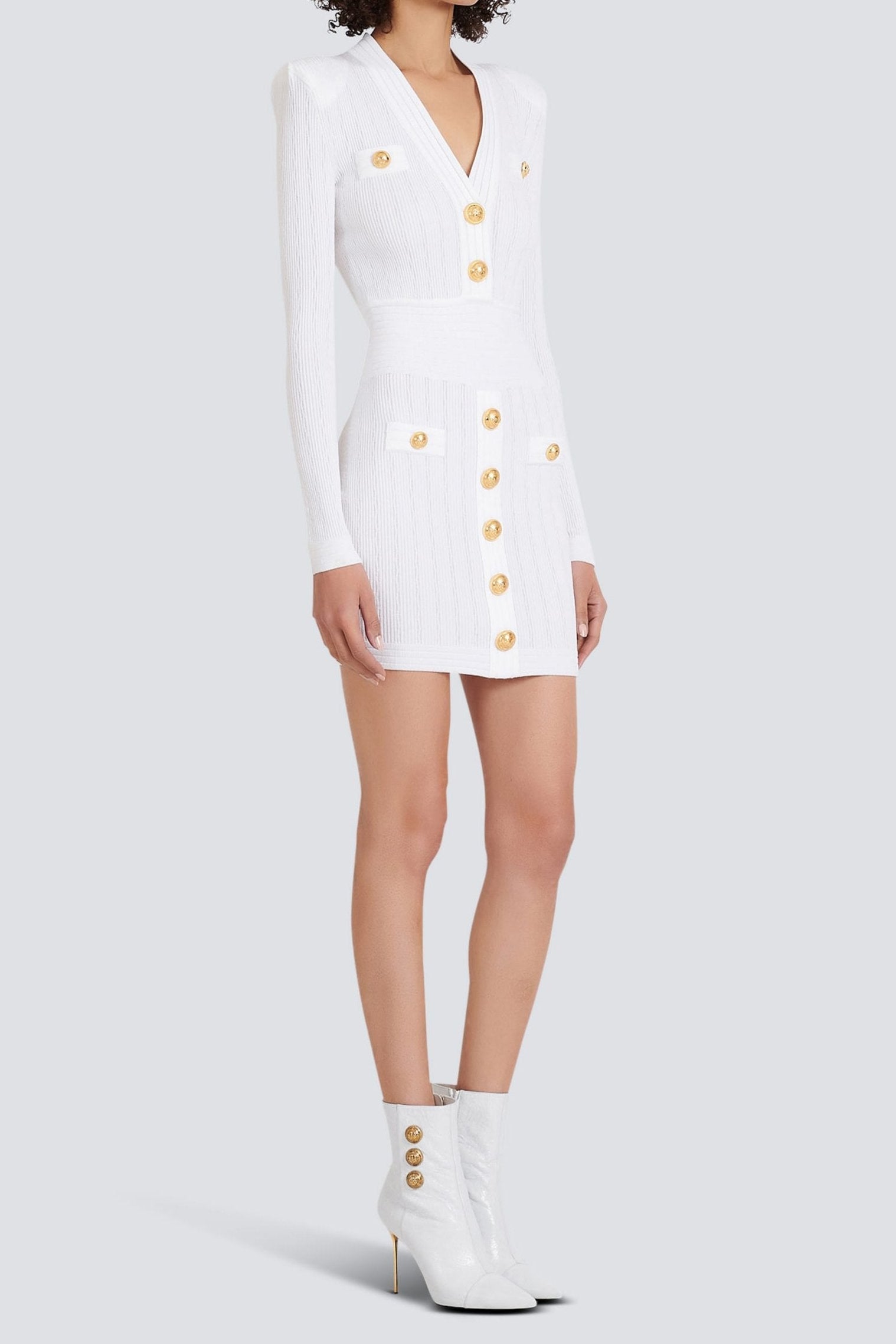 VICKY V-NECK MINI DRESS - WHITE RIBBED, BUTTON DETAIL