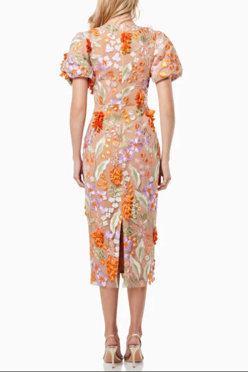 3D FLOWER V-NECK PUFF SLEEVE MIDI DRESS, ORANGE