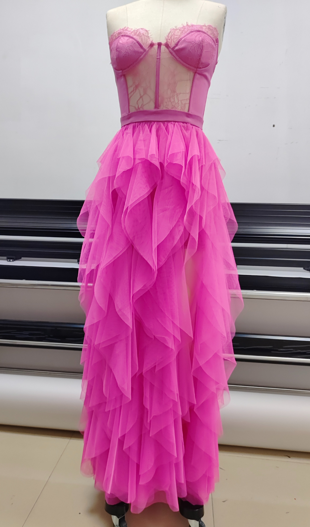 PINK STRAPLESS LACE PATCHWORK MAXI DRESS