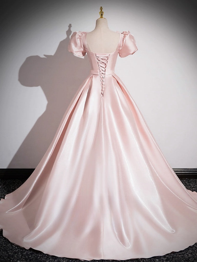 A-LINE SATIN PINK PROM DRESS