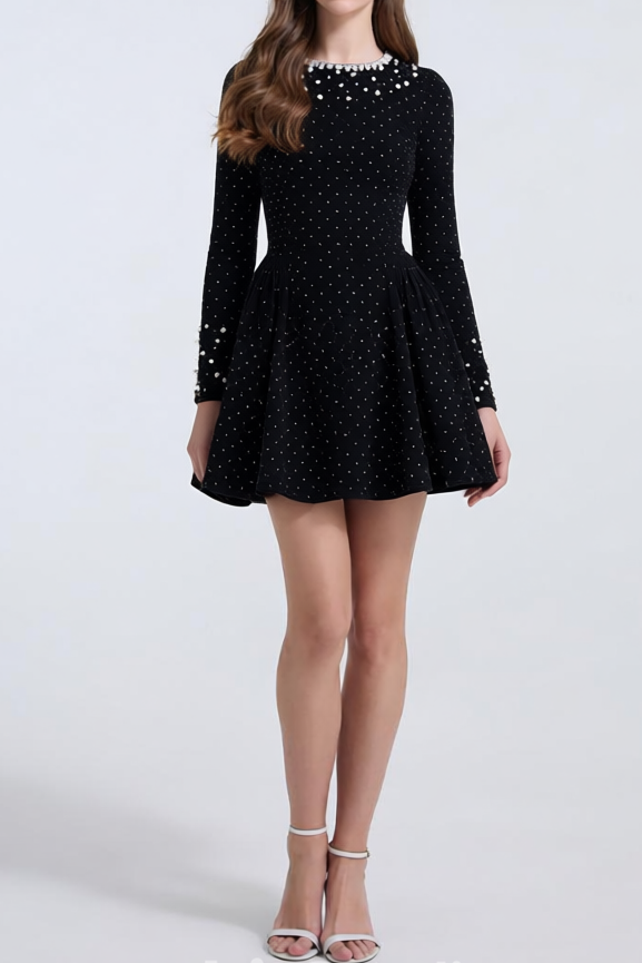SHEILA BLACK BEADED RHINESTONE FLARED MINI COCKTAIL DRESS