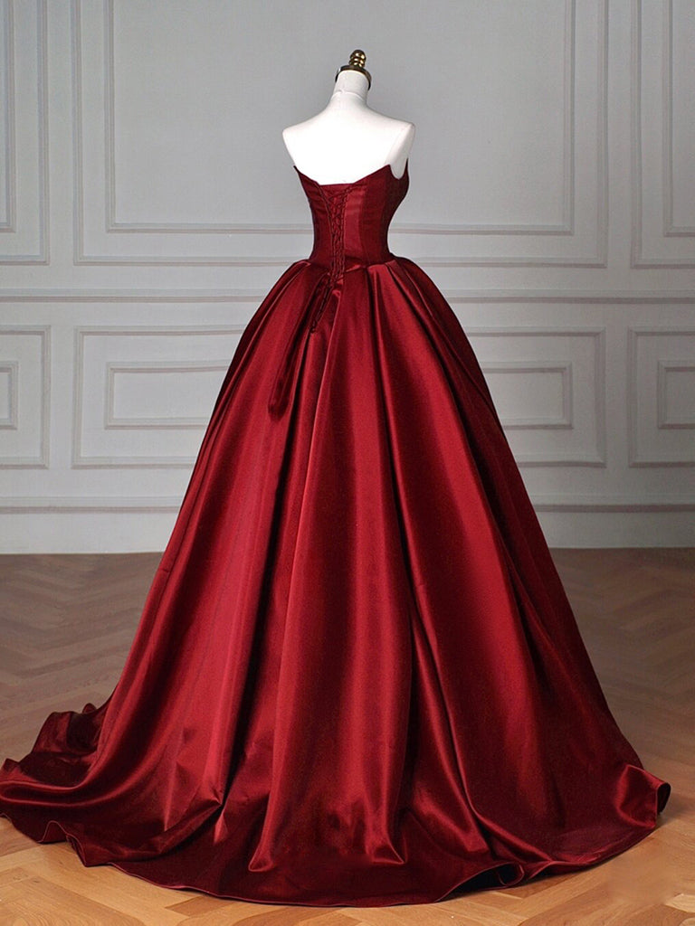SATIN BURGUNDY A-LINE PROM GOWN