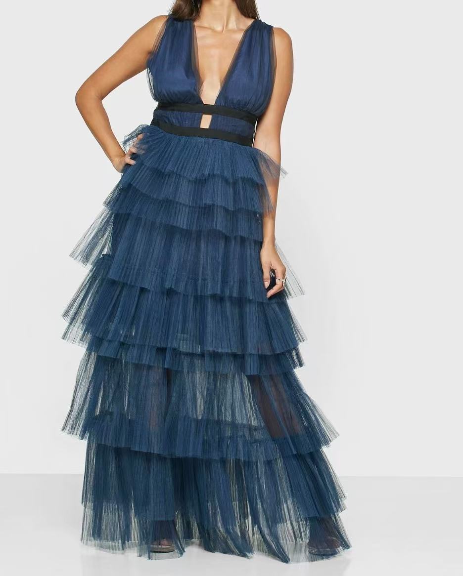ELIZA WHITE PLUNGING NECK TULLE MAXI DRESS