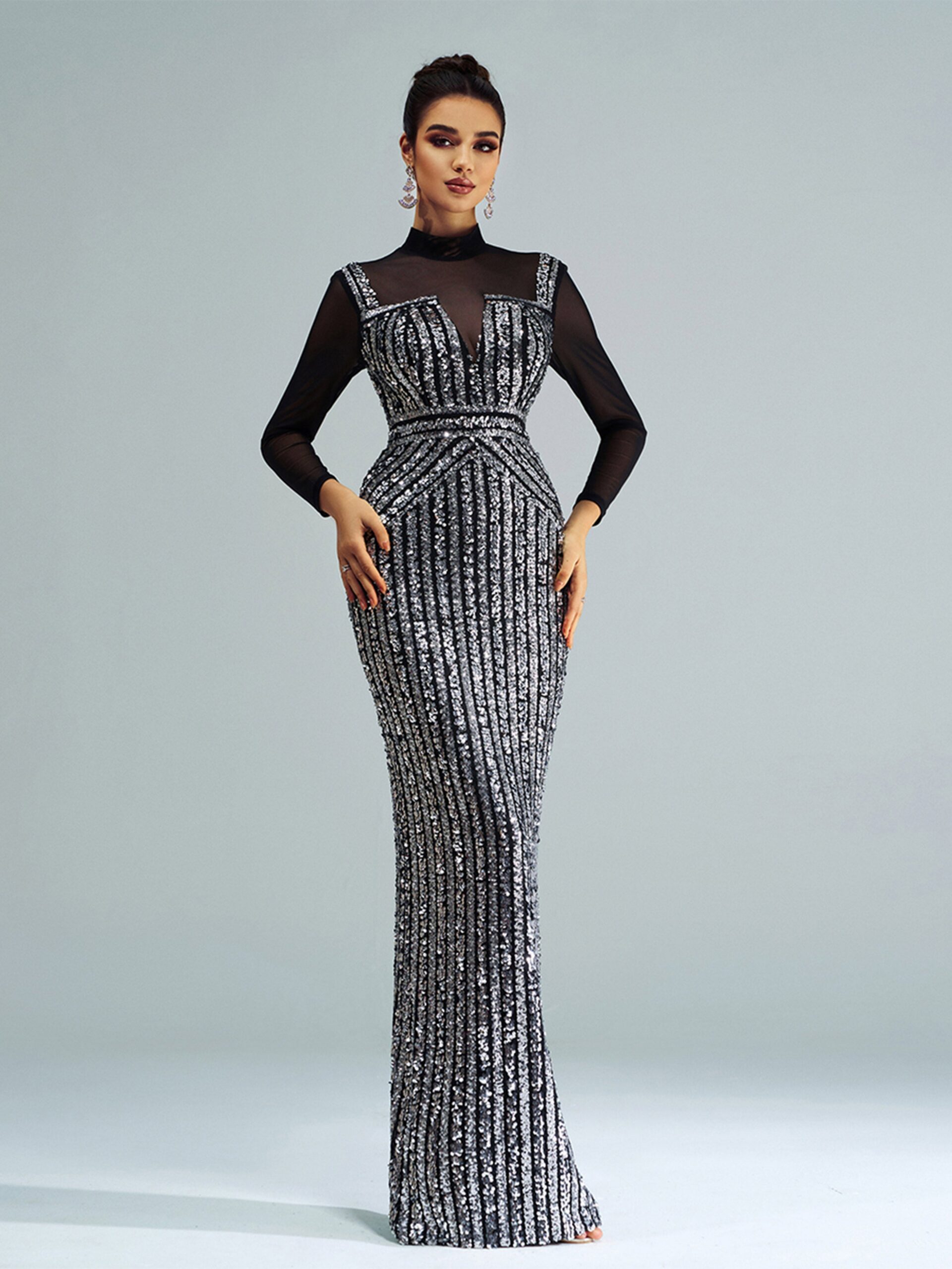 SEQUIN PANEL STAND COLLAR PROM DRESS