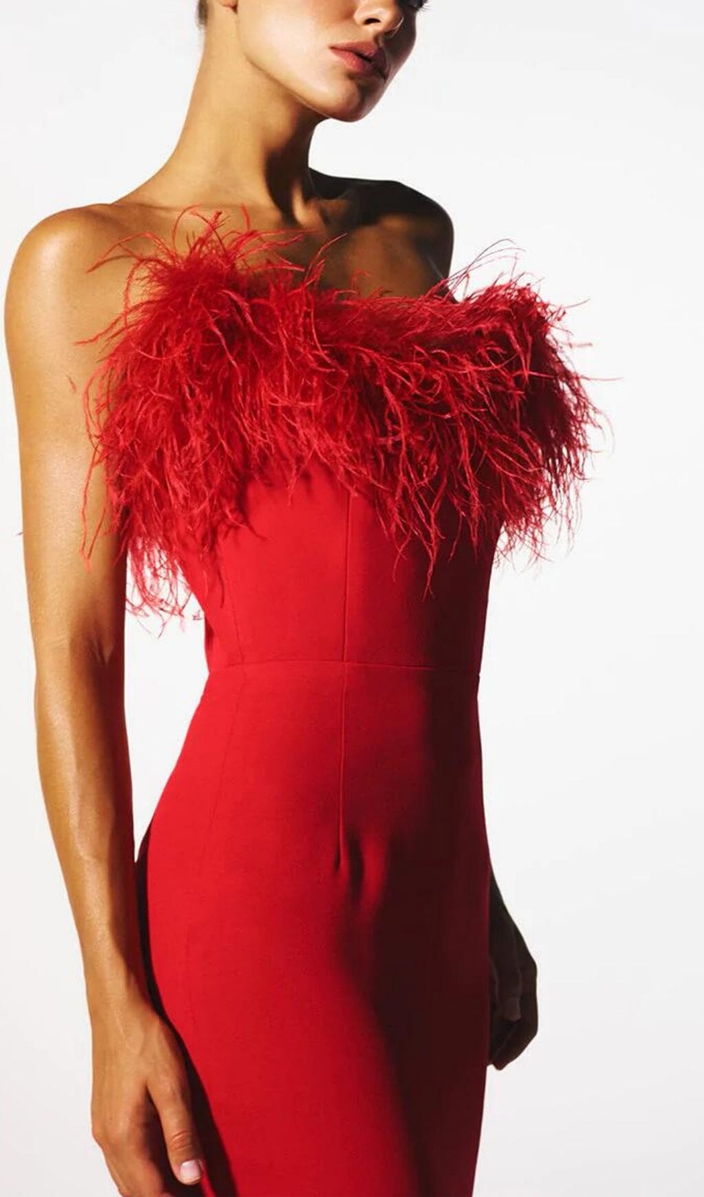 RED STRAPLESS FEATHER GOWN FOR FORMAL OCCASIONS