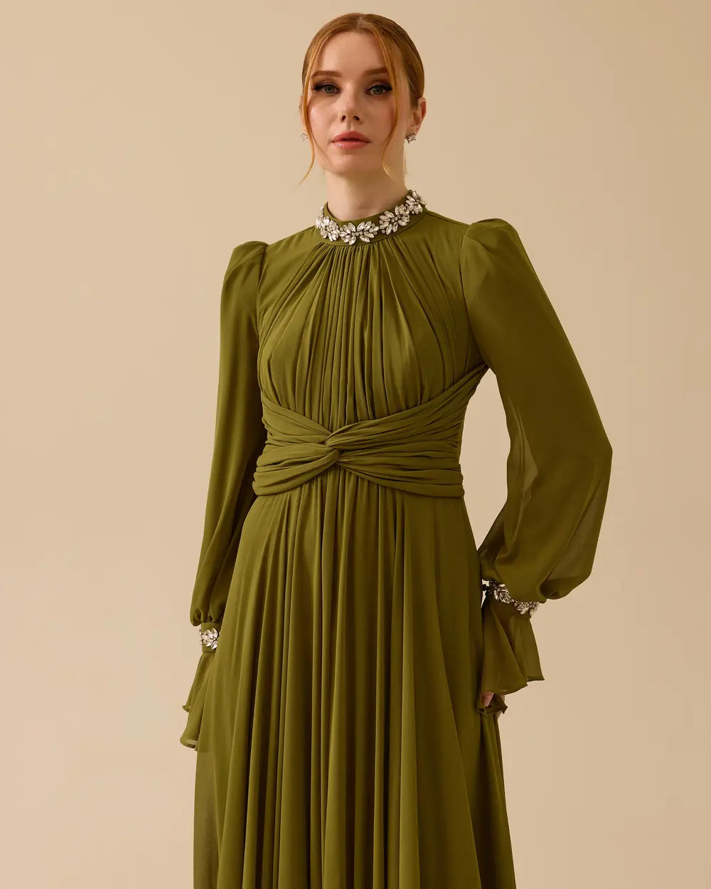 ALYSSA PUFF SLEEVE PLEATED SILK MAXI DRESS IN GREEN
