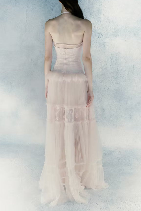 PINK LACE SPLICE MAXI DRESS FOR WEDDING GUEST