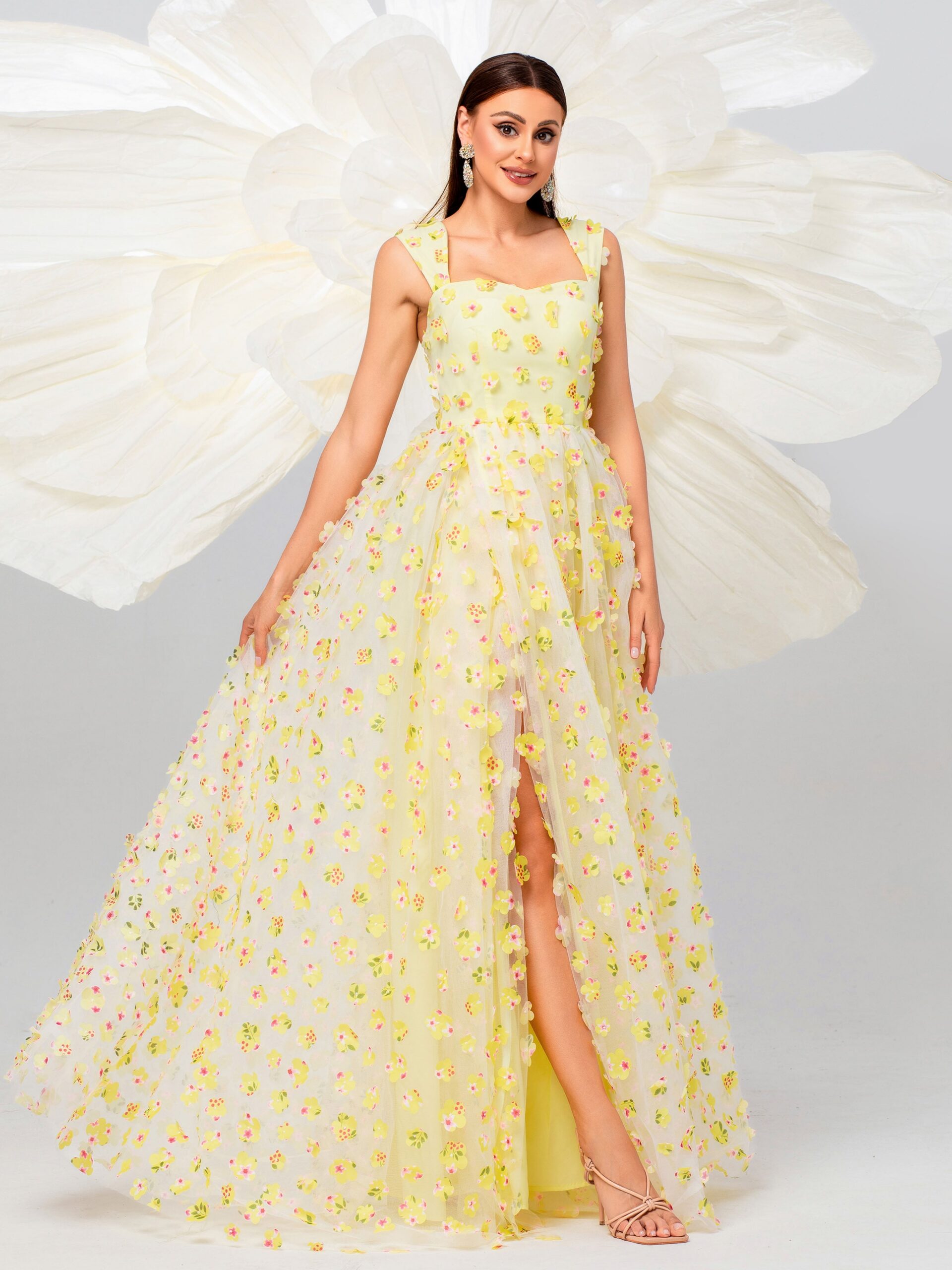 FLORAL TULLE DRESS WITH APPLIQUED PINK CAMISOLE