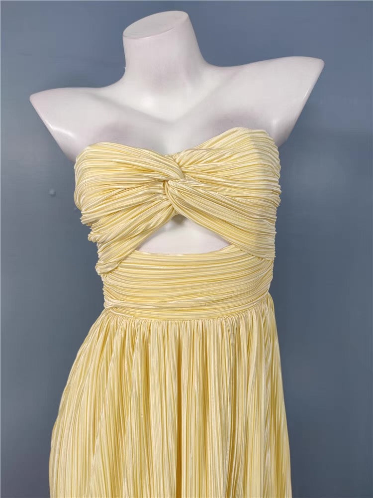STRAPLESS LEMON PLEATED MAXI DRESS, SUMMER WEDDING
