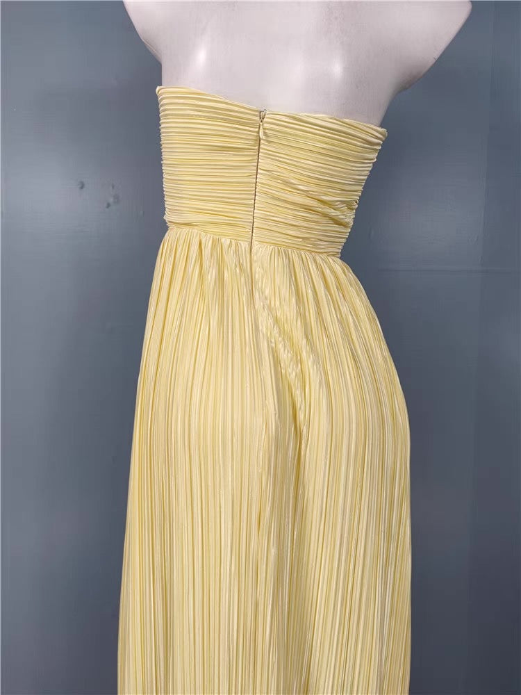 STRAPLESS LEMON PLEATED MAXI DRESS, SUMMER WEDDING