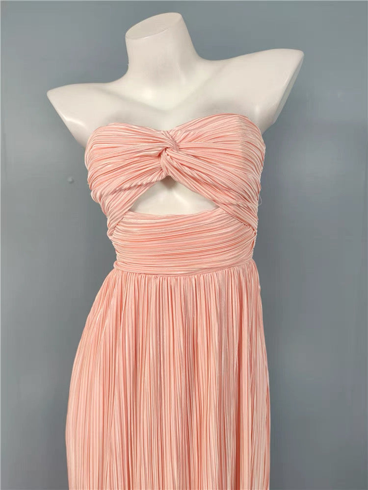 STRAPLESS PLEATED MAXI DRESS PINK FORMAL