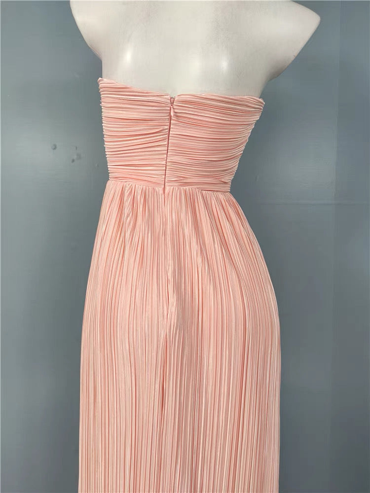 STRAPLESS PLEATED MAXI DRESS PINK FORMAL