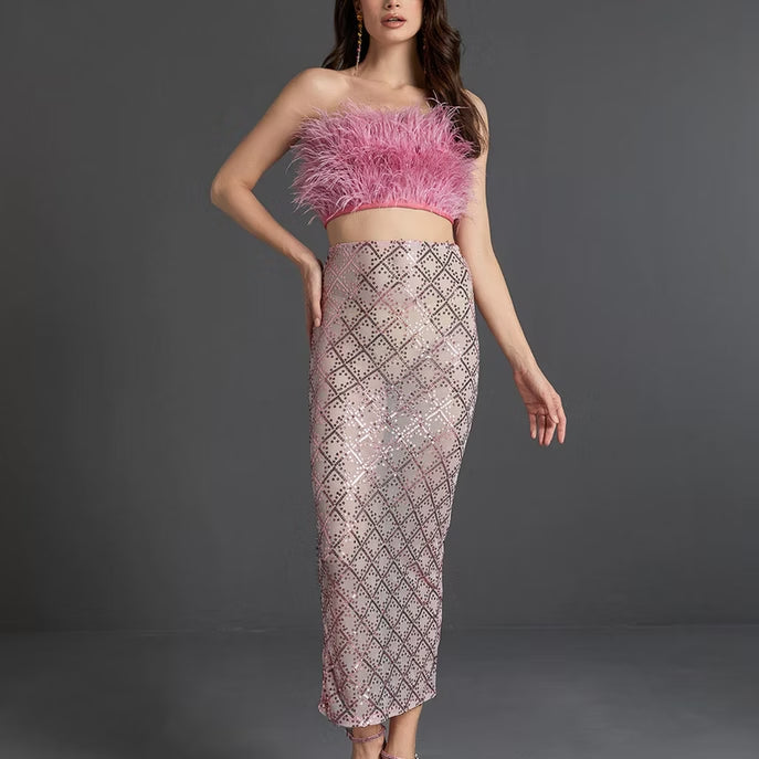 AUDREY PINK FEATHER TOP SEQUIN MIDI SKIRT SET