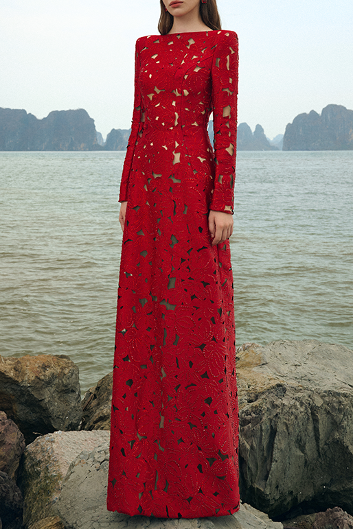 RHINESTONE BOAT NECK FLORAL LASERCUT MAXI DRESS - RED