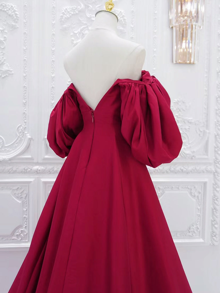 RED PUFF SLEEVE SATIN DRESS FOR PARTY