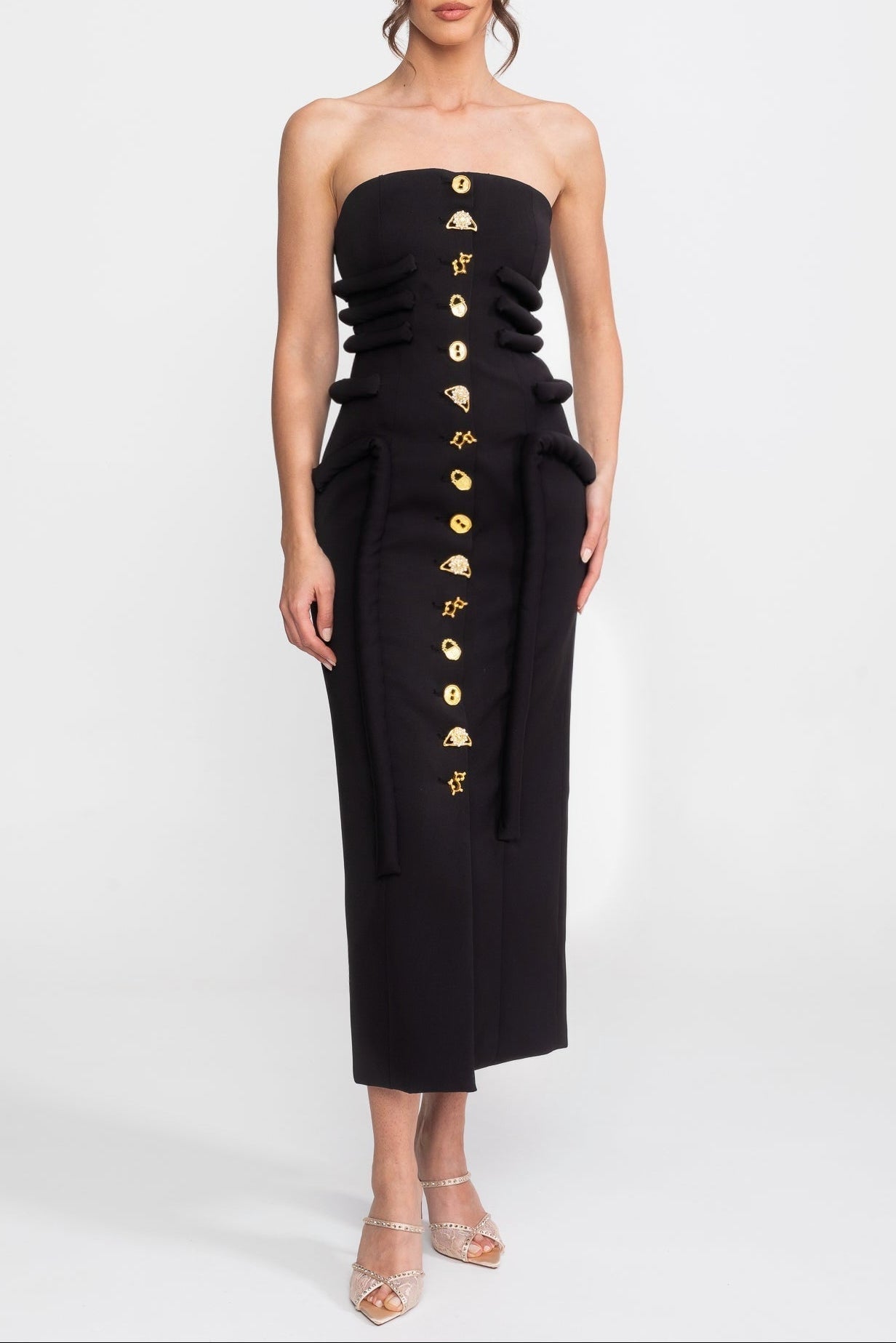 861C4299-B061-47EE-BC4B-5AF0D6D31FBA BLACK KNOTTED MIDI DRESS, JEWEL BUTTONS, EVENING