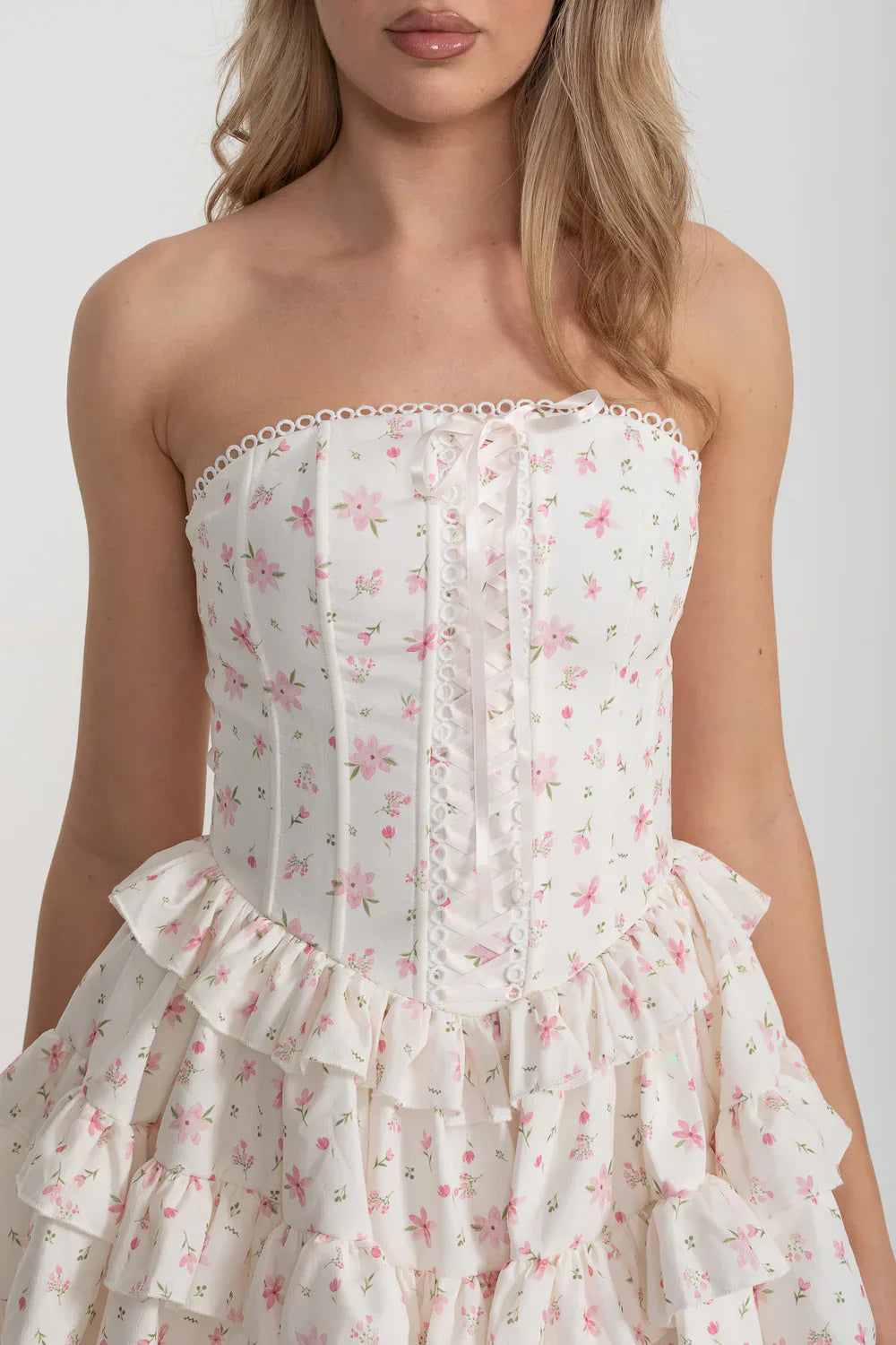 MARTHA RUFFLE STRAPLESS MINI DRESS IN PINK