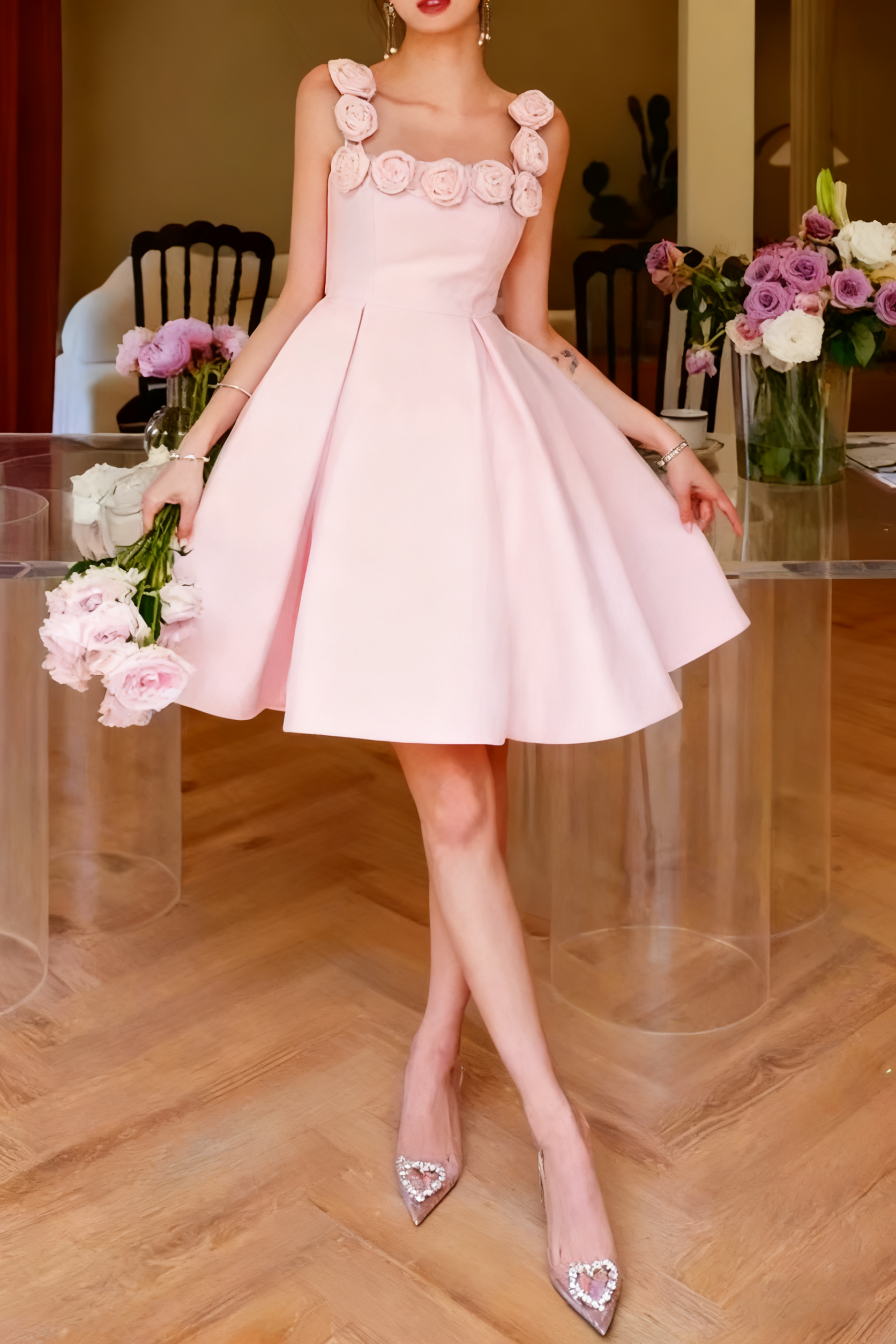 RHINESTONE ROSE APPLIQUE PINK MINI PARTY DRESS