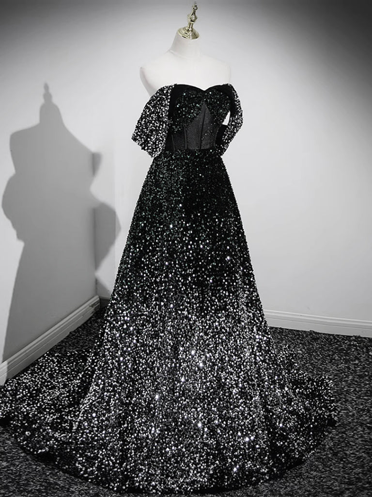 A-LINE BLACK SEQUIN PROM GOWN