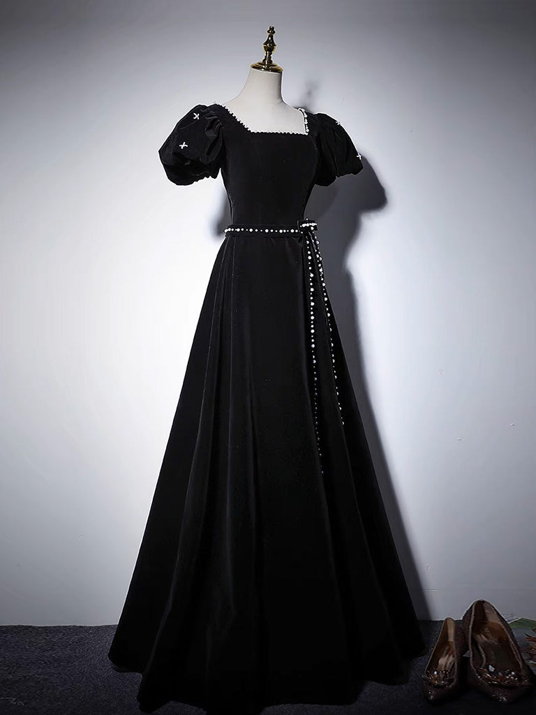 A-LINE VELVET BLACK DRESS FOR EVENING PARTY