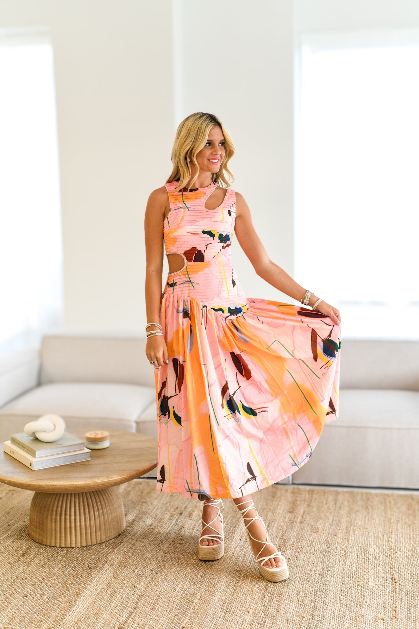 KYLIE DROP WAIST CUT OUT MIDI DRESS IN PINK MULTI