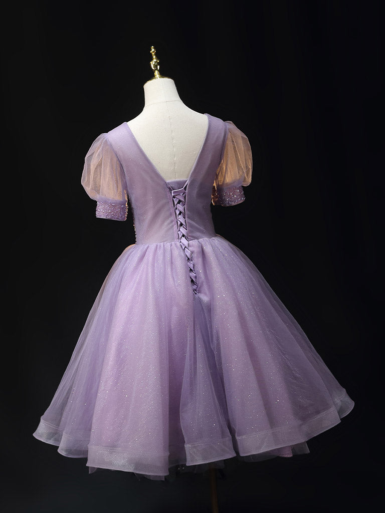PURPLE V-NECK TULLE SEQUIN MIDI PROM DRESS