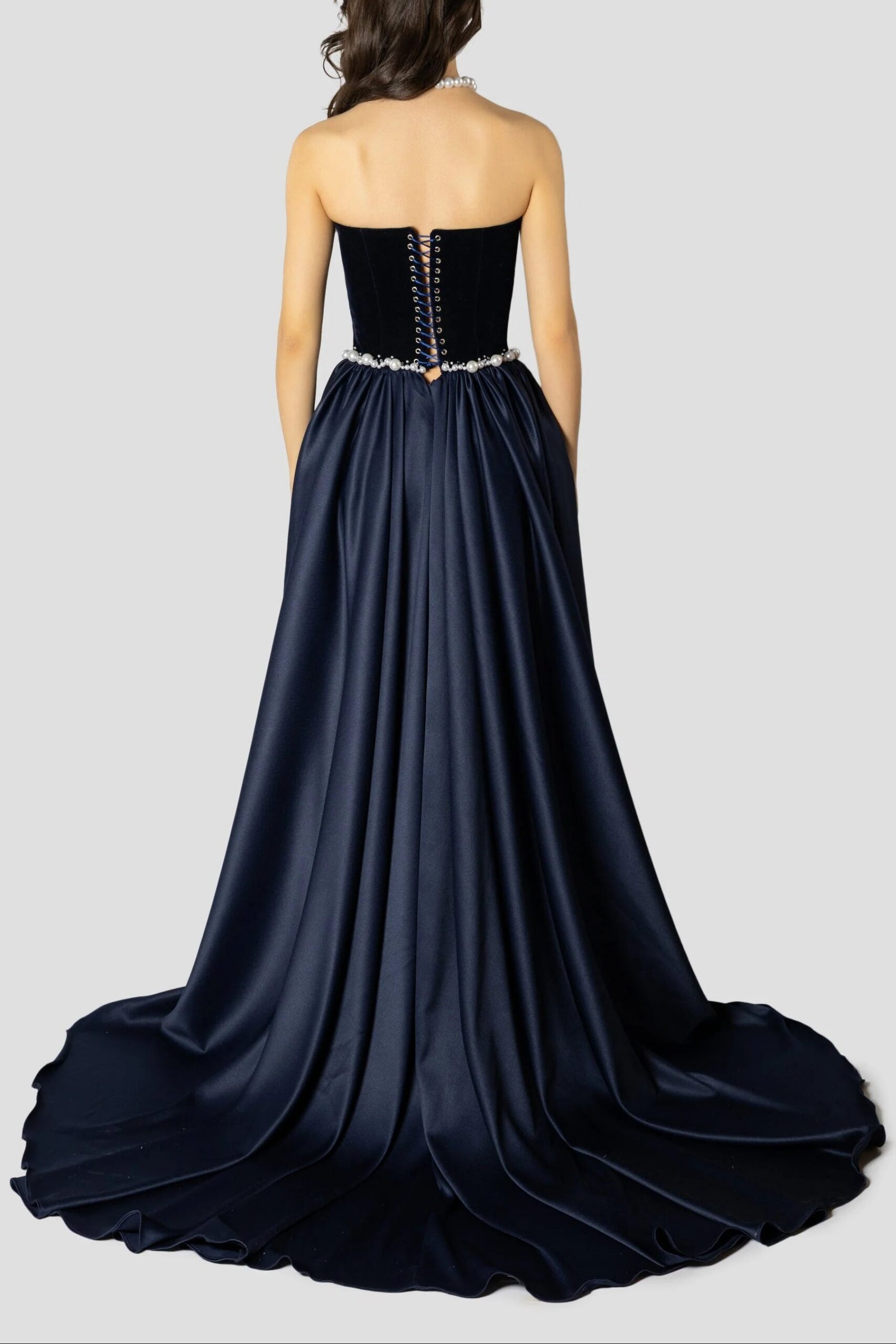 SAMANTHA DARK BLUE PEARL EMBROIDERED STRAPLESS MAXI DRESS